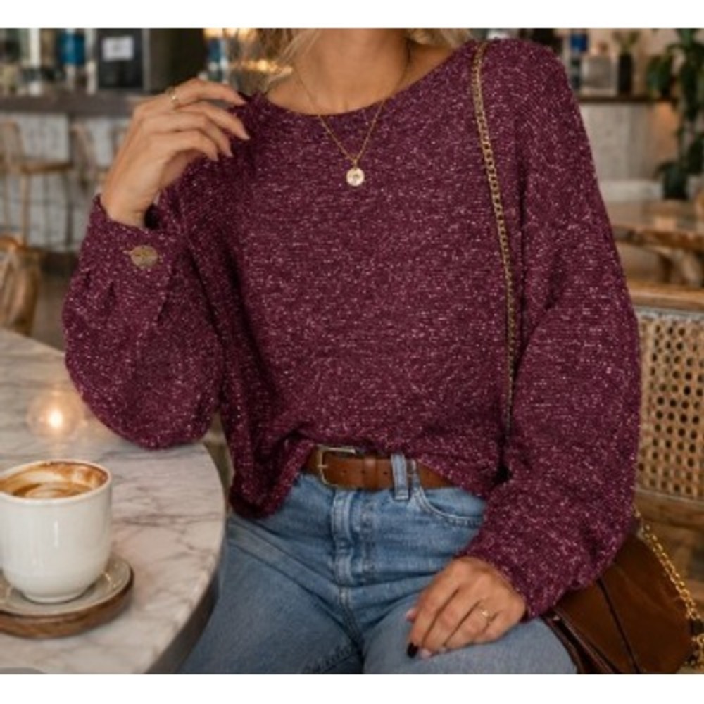 Ellen Tracy Womens Marled Maroon Knit Sweater Gold Button Balloon Sleeve Large